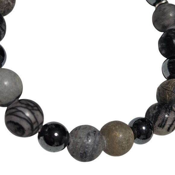 Natural Stone Beaded Bracelet Black Gray Tones Classic Minimalist Jewelry Women - Picture 2 of 3